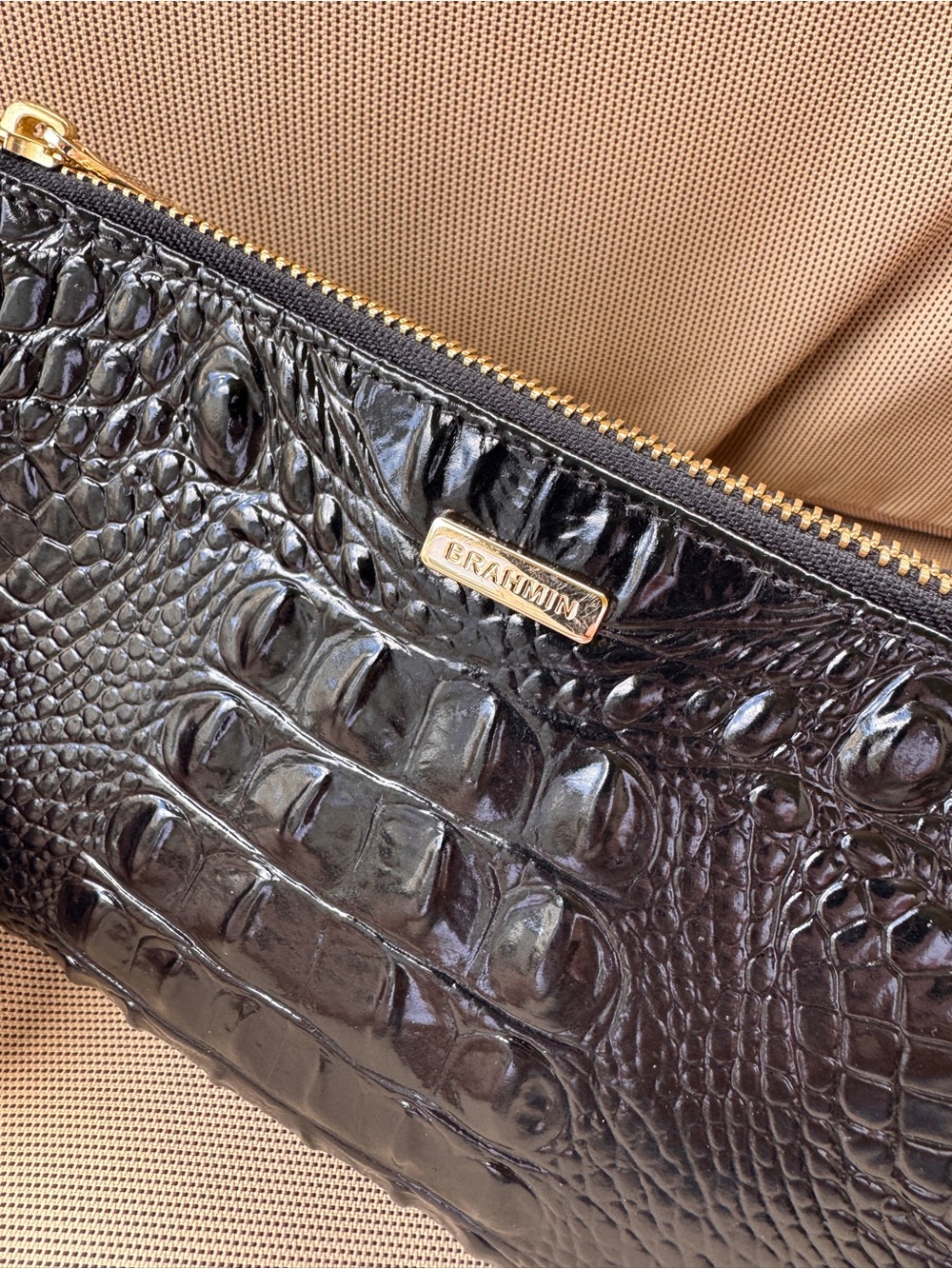Brahmin Black Melbourne Croc Embossed Leather Wristlet Clutch Zip Pouch - Picture 7 of 14